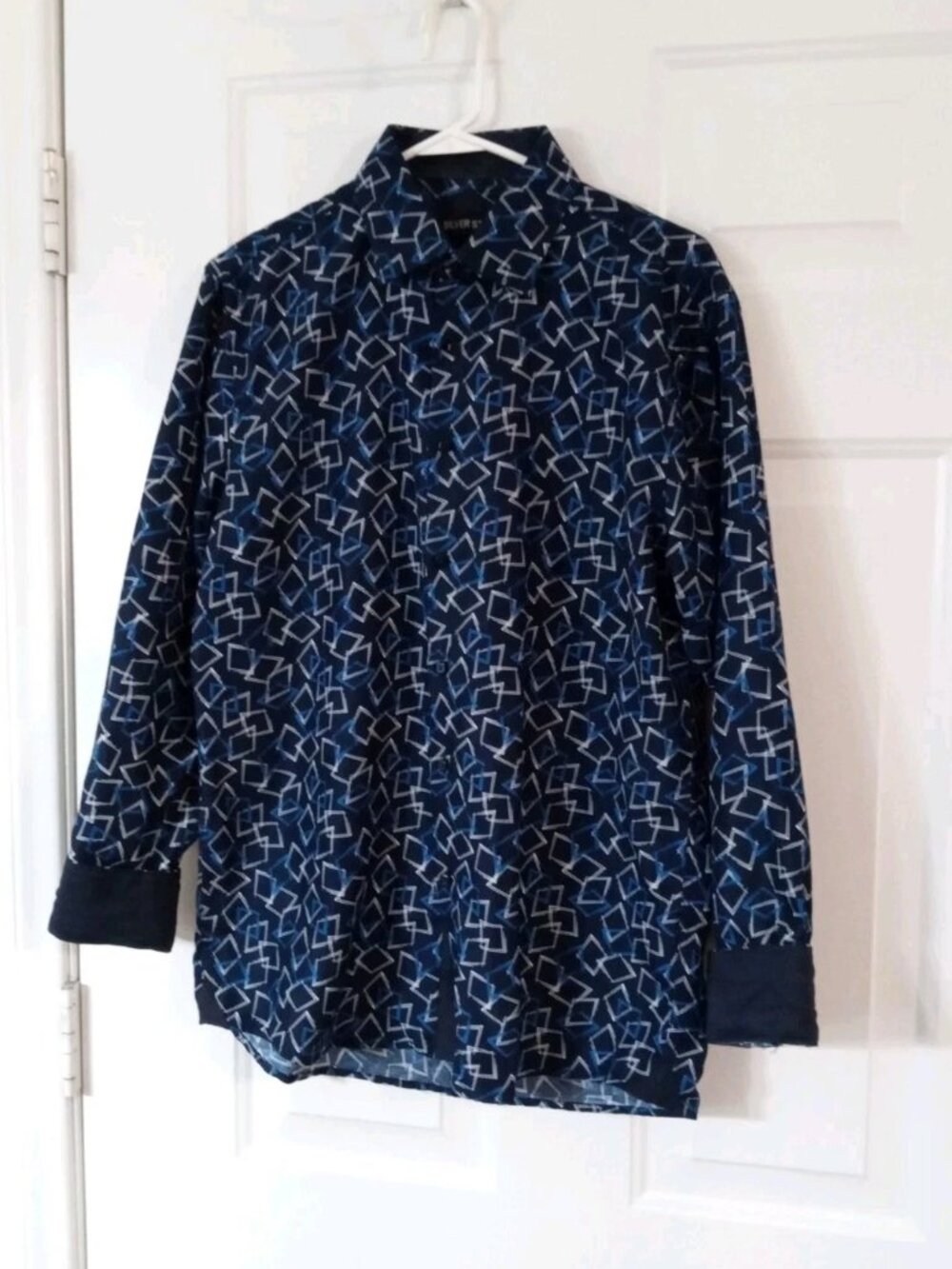 SILVER STONE Modern Fit Navy Blue Geometric Squers Dress Shirt Men’s Large
